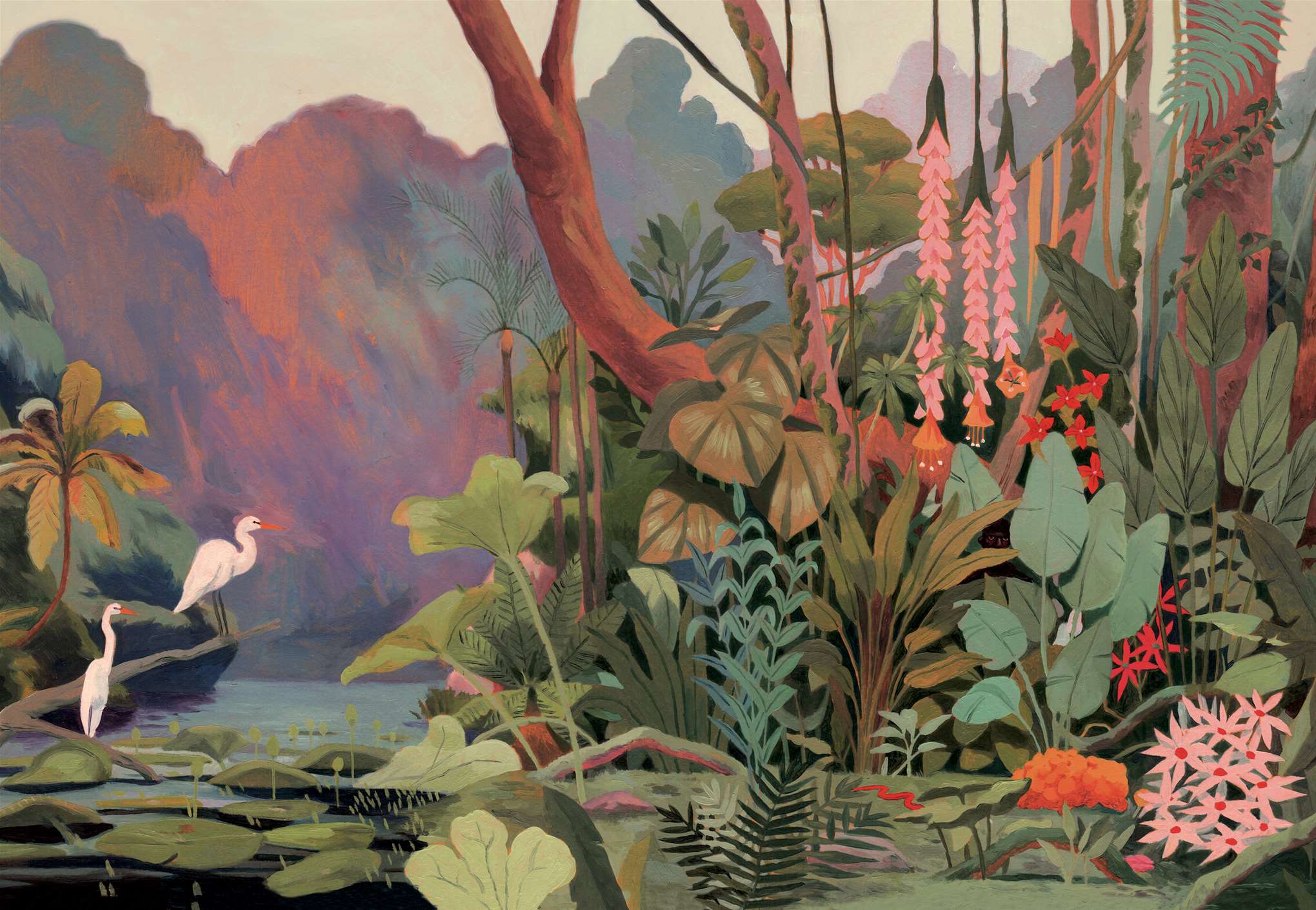 David De Las Heras, Painterly detailed illustration of a wildlife landscape, with heron birds, butterflies, birds and trees. Floral, botanical, decorative, beautiful oil painting. 